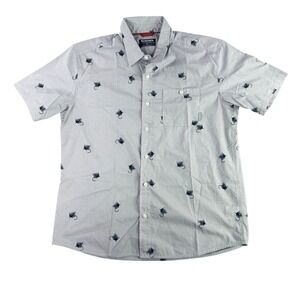 Simms Button Down Shirt Mens L Gray Short Sleeve Fly Fishing Lure Print Pocket